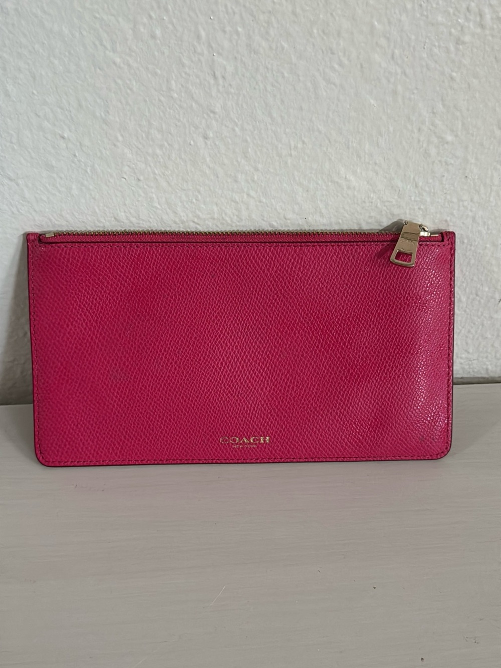 Coach Hot Pink Leather Zip Wristlet with Gold Hardware